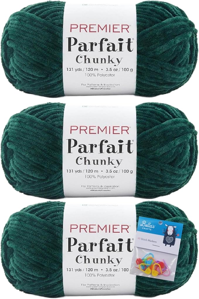 Premier Yarns Parfait Chunky Chenille 3.5 Oz 6 Super Bulky Weight 3 Pack Bundle with Bella's Stitch Place Holders (Ivy)