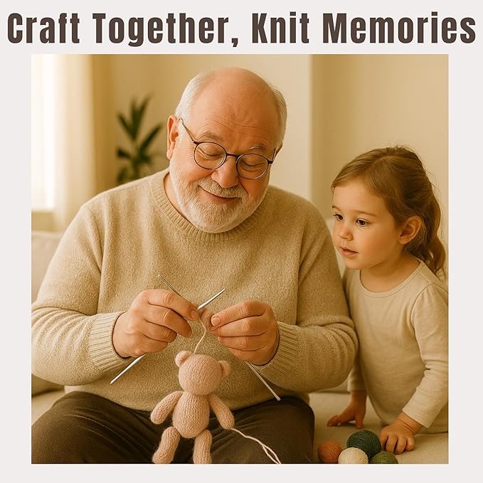 Yarnique Wool Bear Knitting Kit – Real Wool Amigurumi Kit for Adults with Video Tutorials | DIY Bear Crochet & Knitting Kit with Tools | Holiday Gift Craft Set (White Sweater)