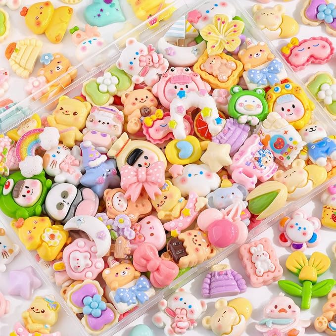 100PCS Slime Charms Cute Flatback Resin Charms for Slime, Random Kawaii Decoden Charm for Embellishments Phone Junk Case Charms Bulk, Hairpins Scrapbooking Crafting & DIY Decoration