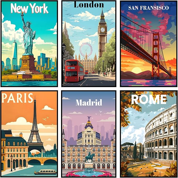 CHWGLFGG Travel City Paint by Numbers Kit for Adults Beginner, 6 Pack Adult Paint by Number Kits on Canvas, DIY Acrylic Oil Easy Painting by Numbers for Home Wall Decor 8X12 inch (Without Frame)