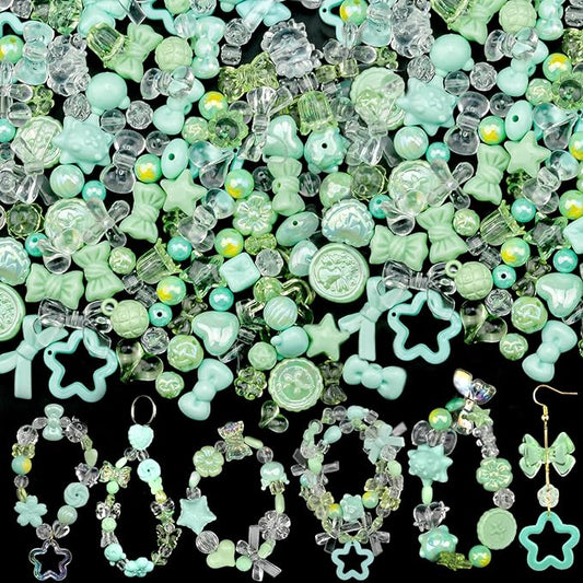 ABONDEVER 245-300Pcs Assorted Acrylic Beads for Bracelets Making Cute Star Bow Flower Candy Heart Gummy Bear Butterfly Beads for DIY Jewelry Crafts Keychain Necklace Phone Charms(Green)