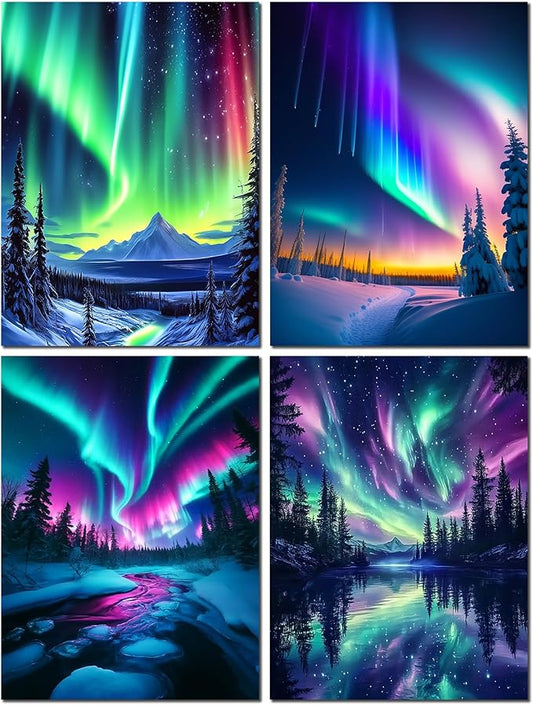 Muzagroo Art 5D Diamond Painting Kits for Adults, Aurora Diamond Art Kits for Beginners, DIY Landscape Diamond Dot Kits Gem Arts and Crafts for Living Room, Gem Painting Living Room 4 PCS Wall Art