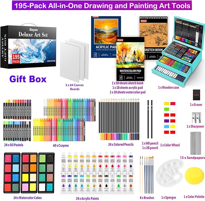 iBayam Arts and Crafts Kits for Adult, 195-Pack Deluxe Art Set Box with 3 PCS Drawing Pads, Canvases, Acrylic Painting, Drawing & Art Supplies for Pumpkin, Halloween, Christmas
