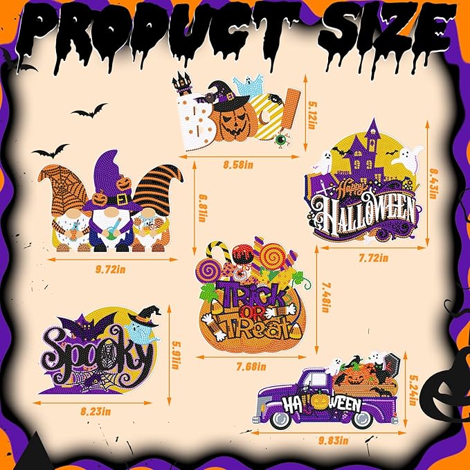 Chiisong 6 Pcs Halloween Diamond Art Painting Kits Hanging Sign Set Witch Pumpkin Gnome Glow in The Dark Diamond Art Painting Kits Halloween Hanger Adult 5d DIY Craft for Wall Door Window Porch Decor