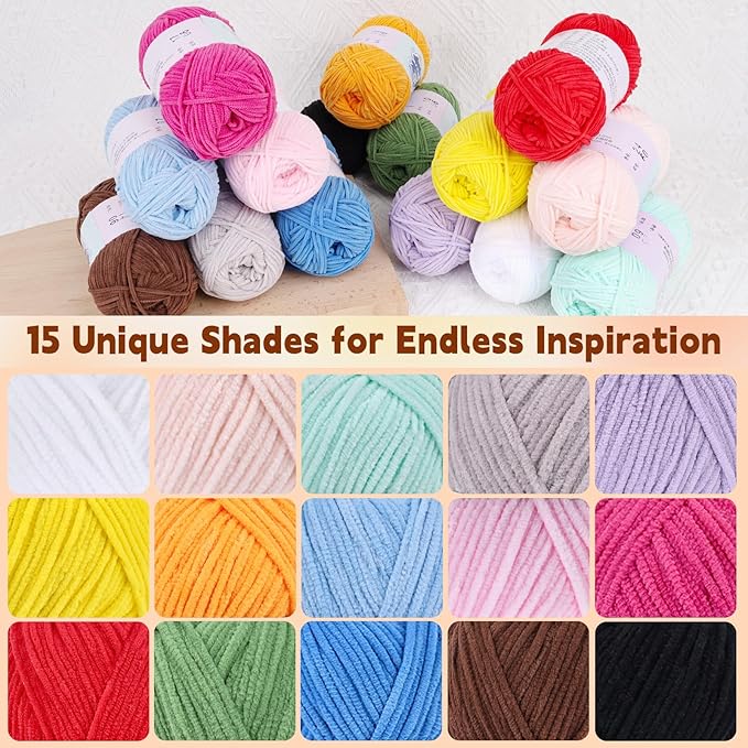 Skinny Chenille Yarn Pack – 15 Skeins Multi-Color Edition(1.76oz/50g Each, 15 Colors, Total 2,370yd) – Multi Color Skinny Chenille Yarn kit CYC#2 – Crochet Starter Kit for Toys, Baby Blanket
