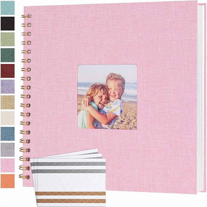 Scrapbook Photo Album 10x10 Inches 40 Pages Hardcover Kraft Paper Linen Cover Scrap Book Memory Book DIY Scrapbook Albums for Wedding Baby Boyfriend Travel Anniversary Family, Pink
