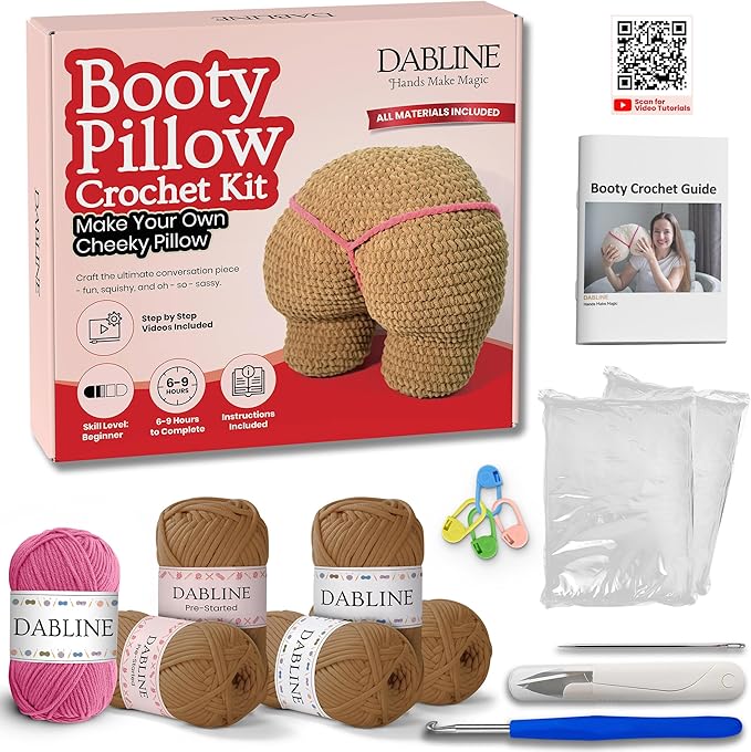 Dabline Crochet Pillow Kit for Beginners – Easy DIY Crochet Starter Kit with Pre-Started Yarn & Step-by-Step Video Tutorials – Learn to Crochet Kit Gift for Women & Men