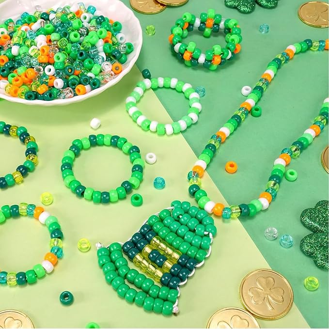 Spring Nature Pony Beads 1000pcs, Green Orange White Glitter Bead Mix, 9mm Craft Beads for Bracelets, Jewelry Making, DIY Shamrock Decorations, Crafts Party Kit