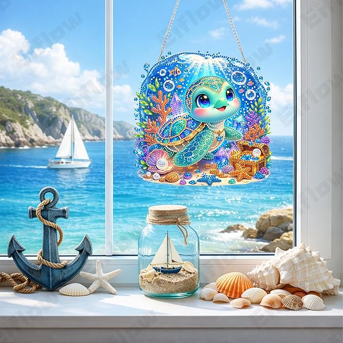 Eiflow Acrylic Diamond Art Hanging Kit for Adults, DIY Diamonds Painting Door Hanger Board Kit, Special Crystal Diamond Art Painting Pendant Ornament (Beach Turtle)