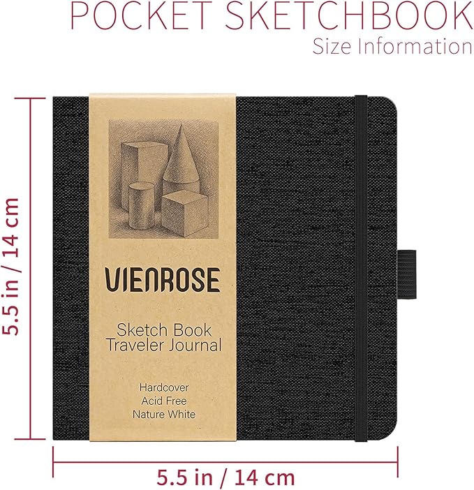 Vienrose 5.5"x5.5" Sketch Books, Linen Cover Hardbound Sketching Book with Acid-Free Paper, Drawing Pad for Kids, Beginners & Professionals, Art Supplies for Adults & Students(Black, 60 Sheets)