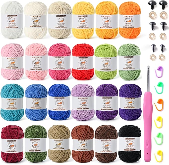 24 Pack Fluffy Velvet Yarn for Crocheting, Chunky Chenille Baby Yarn for Crocheting Soft Blanket, 1575 yds Amigurumi Yarns for Knitting, Bulky Multicolored Crochet Yarns Set B
