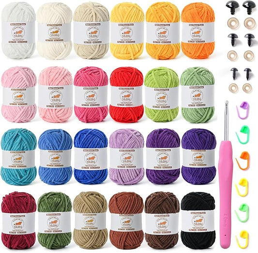 24 Pack Fluffy Velvet Yarn for Crocheting, Chunky Chenille Baby Yarn for Crocheting Soft Blanket, 1575 yds Amigurumi Yarns for Knitting, Bulky Multicolored Crochet Yarns Set B