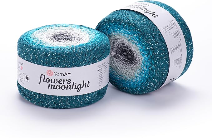 YarnArt Flowers Moonlight – Gradient Cotton Acrylic Yarn with Metallic Lurex, 9.17oz (250g), 1093 Yards – Shiny, Multicolor Cake Yarn for Crochet, Knitting, Shawls & DIY Projects (3289)