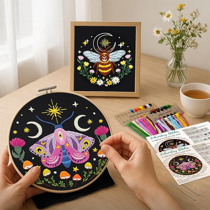 Nuberlic 3 Pack Embroidery Kit for Adults Beginners, Stamped Cross Stitch Moth and Bee Patterns with Hoop, Thread, Needles & Step-by-Step Guide Easy DIY Starter Kit