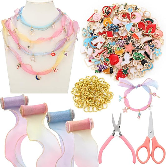 Tondiamo 206 Pcs Jewelry Making Kit DIY Gradient Organza Ribbon Cord Charm Bracelet Making Kit with 100 Charms,100 Jump Rings,4 Voile Ribbons and Tools for Women Arts Craft Birthday Mothers Day Gift