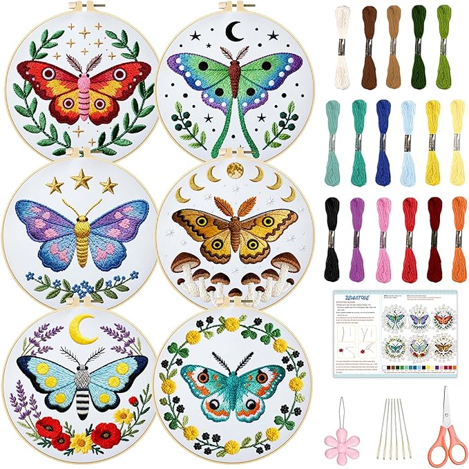 BEUNITONE 6 Set Butterfly Embroidery Kit for Adults Beginners, DIY Needlepoint Craft Kits with Instructions and Hoops, Complete Starter Set for Adults, Funny Hand Embroidery for Fabric and Home Decor