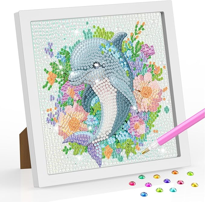 SENQAO Dolphin Diamond Art Kit for Adults with Frame Art and Crafts for Adults Ages 6-8 -10-12 Easy to DIY Diamond Art for Adults and Adult Beginners Home Wall Decoration 7.1x7.1inch