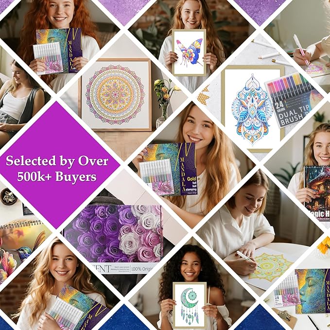 Adult Coloring Book with 24 Dual Tip Colors Markers, 12 Pcs Premium Coloring Pages & 2 Pcs Wooden Photo Frames & 24 Colors Markers, Mindfulness Art-Painting-Kits Gifts for Women - Flowers