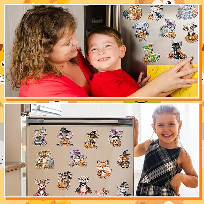 Xuhal 30 Pcs Halloween Diamond Painting Magnets Halloween Animal Diamond Art Magnet Kits for Adults Cute 5D Rhinestone Witch Hat Pumpkin Animal Refrigerator Magnetic Sticker for DIY Craft Fridge Gifts