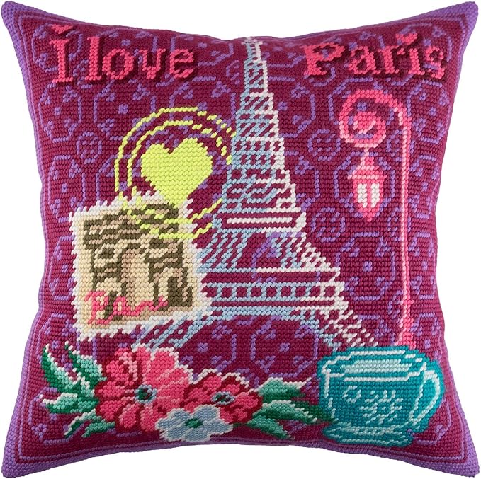 I Love Paris. Needlepoint Kit. Throw Pillow 16×16 Inches. Printed Tapestry Canvas, European Quality
