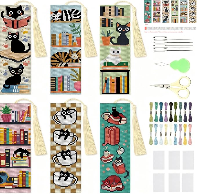 NEGEKFKX 6 Pcs Black Cat Cross Stitch Bookmark Kit for Adult Beginners,Book Cross Stitch Kits 14 CT DIY Crossstitch Kits Adult Stamped Bookmark Embroidery Bookmarks Kit