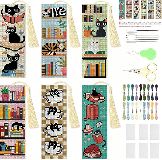NEGEKFKX 6 Pcs Black Cat Cross Stitch Bookmark Kit for Adult Beginners,Book Cross Stitch Kits 14 CT DIY Crossstitch Kits Adult Stamped Bookmark Embroidery Bookmarks Kit
