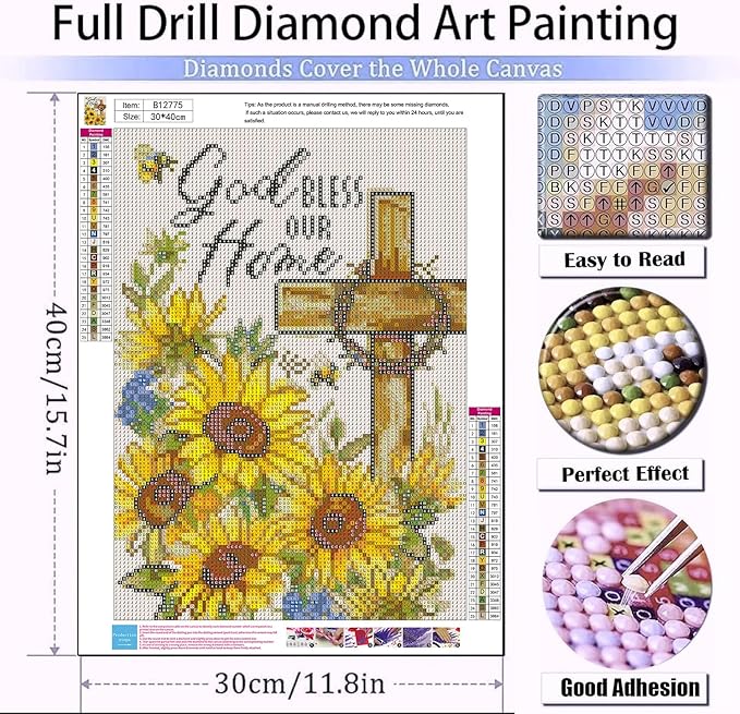 Meothan Diamond Painting Kits for Adults, Sunflower Cross Diamond Art Kits for Adults, Full Drill 5D DIY Paint with Diamond Dots Gem Art Crafts Projects for Home Room Decor12x16 in Christ Religion