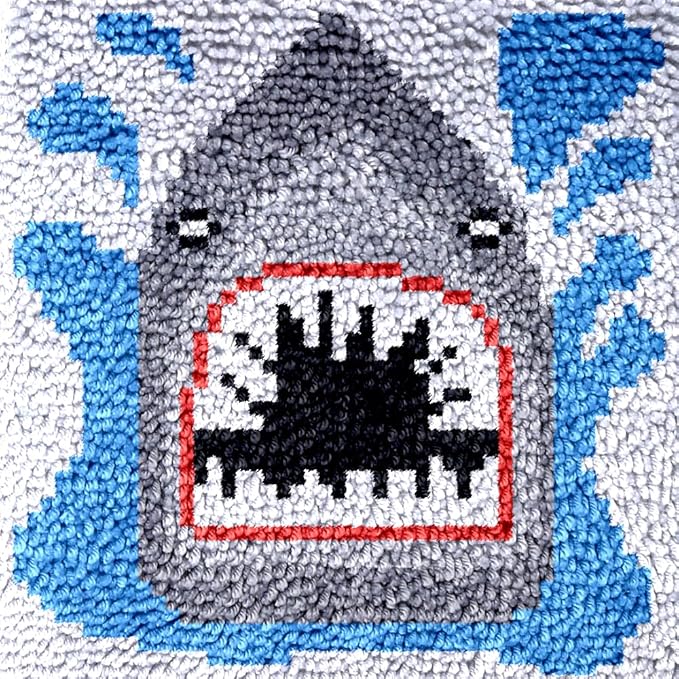 Numptain Latch Hook Kits for Adults,DIY Rug Crafts Shark Pattern Color Printed Canvas,Latch Hook Kits for Beginners Handmade Needlework Crafts Home Decoration,12"x12"