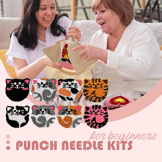 Punch Needle Kit for Beginners Adults Easy Needle Punch Embroidery Tool Set Including Threader Instruction Fabric Hoop Yarn Coaster DIY Making Kit Supplies,Set of 8 Cat Cute Pet Art Crafts Gifts
