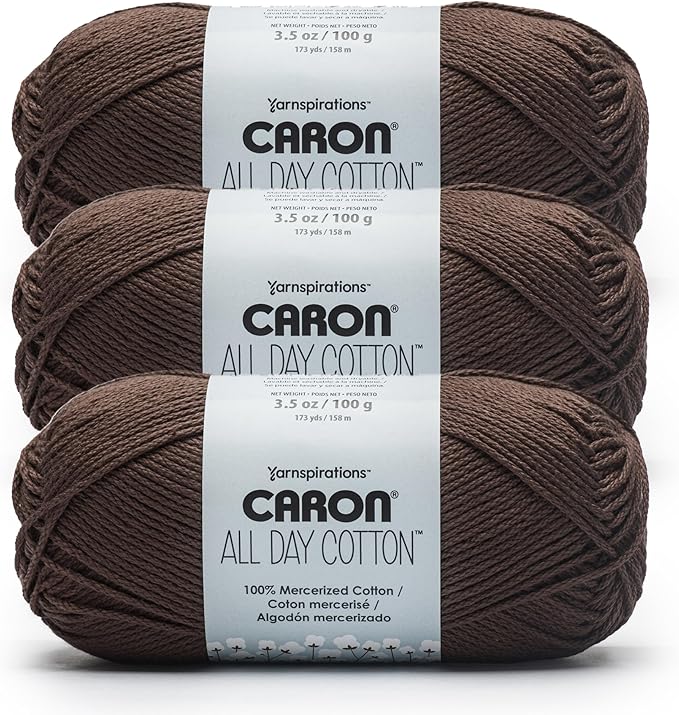 Caron All Day Cotton - 3 Pack of 173 Yards/3.52 oz Coffee Bean 100% Mercerized Cotton Yarn