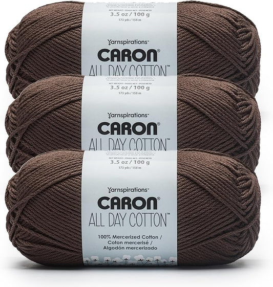 Caron All Day Cotton - 3 Pack of 173 Yards/3.52 oz Coffee Bean 100% Mercerized Cotton Yarn