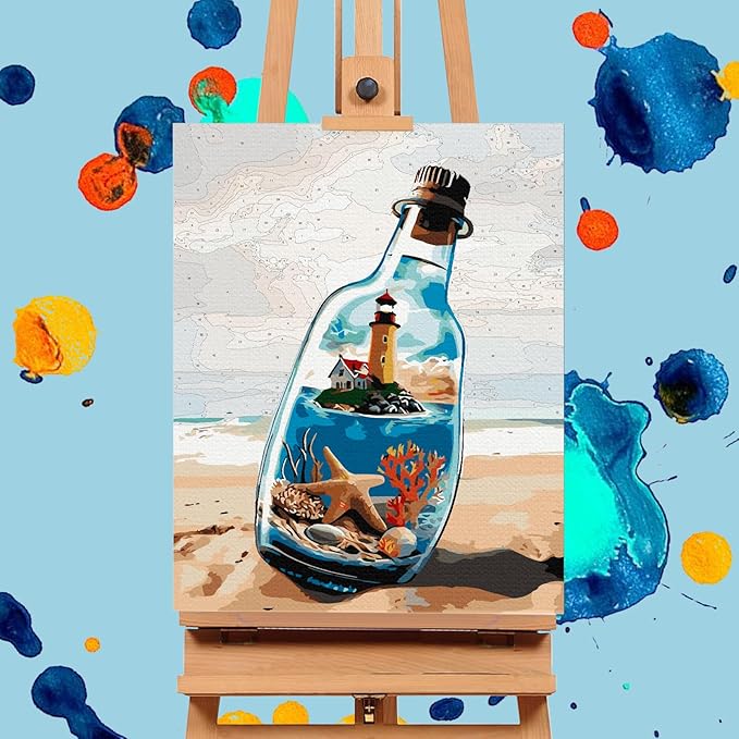 Paint by Numbers Kit for Adults - Beach Bottle Acrylic Adult Paint by Number Kits on Canvas for Beginner, Seaside Lighthouse DIY Oil Painting by Numbers for Adults, Perfect for Home Decor Gift 16"x20"