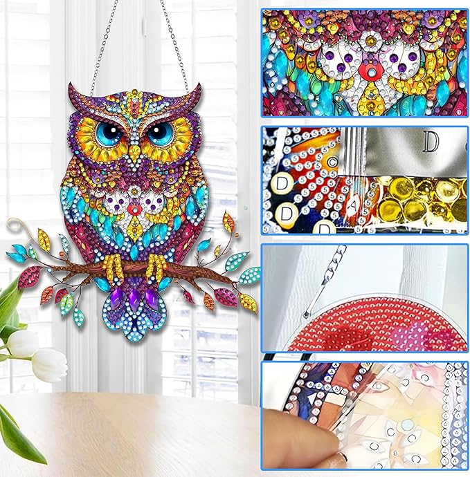 Reofrey Hanging Diamond Art Kits for Adults - 8x8 Inch Owl Animal Acrylic Board Double Sided Pattern Diamond Painting Suncatcher Pendant, Crystal Art for Home Wall or Window Decoration Handmade Gift