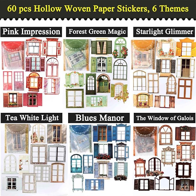 60pcs Textured Cardstock Hollowed Window Frame Stickers for Junk Journals Vintage Cutouts Scrapbook Stickers for Scrapbooking Supplies Clearance Pre-cuts for Journaling Collage Kit Pop-up