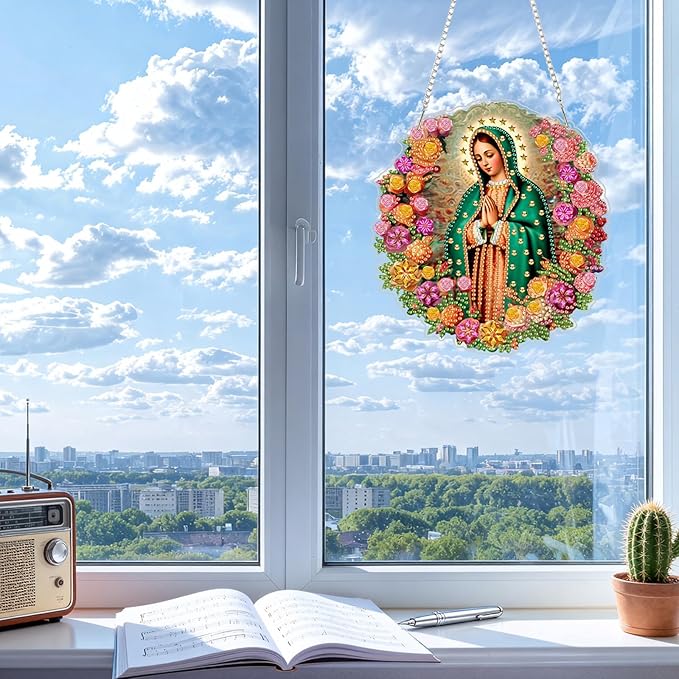 CEOVR Virgin Mary Hanging Diamond Art Kits for Adults, Prayer Special Shape Religious Diamond Painting DIY Gem Art, Windows Pendant Ornament with Chain, Acrylic Home Garden Decor, Box Kit 7.07x7.61In