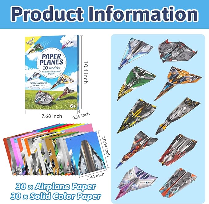 AluAbi 60 Sheets Paper Airplane Kits, Origami Paper Plane Kits for Kids Ages 6-8 8-12, Double Sided Colored Origami with Instructions Book & Video, Birthday Easter Crafts Airplane Gifts (Airplane)