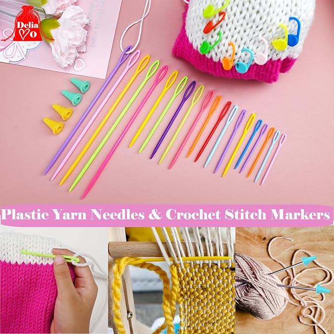 DeliaVo 98 Pcs Yarn Needles Set, Assorted Crocheting & Darning Tapestry Needles with Stitch Markers, Crochet Kit for Knitting Sewing Weaving