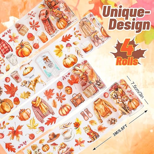 JarThenaAMCS 39.2 Ft Fall PET Washi Tape Autumn Orange Transparent Adhesive Masking Tape for Cut & Use as Thanksgiving People Stickers Scrapbook Journal DIY Crafts Wrapping,4 Rolls