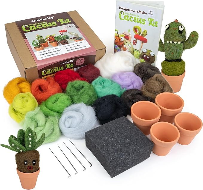 Woolbuddy Needle Felting Kit – Cactus & Succulent Felting Kit for Adults & Beginners, Beginner Needle Felting Kit with Wool Roving, Felting Needles, Foam Pad & Clay Pots | Cute DIY Craft Kit Gift