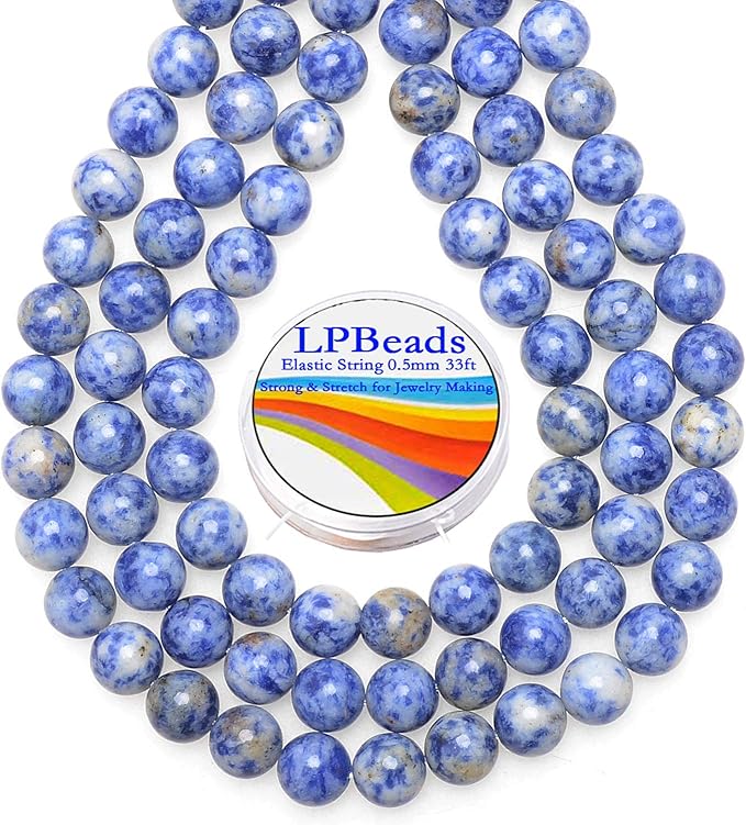 LPBeads 80Pcs Polished 10mm Round Natural Blue Spot Jasper Gemstone Loose Beads with Stretch Cord for Jewelry Making Bracelets