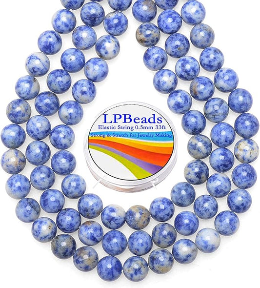 LPBeads 80Pcs Polished 10mm Round Natural Blue Spot Jasper Gemstone Loose Beads with Stretch Cord for Jewelry Making Bracelets