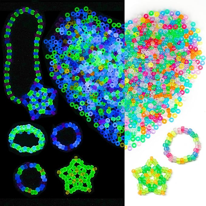 pony beads glow in the dark 1000pcs neon beads, bracelet beads 9mm luminous bulk beads for hair braiding, colored uv beads for crafts kandi beads kit