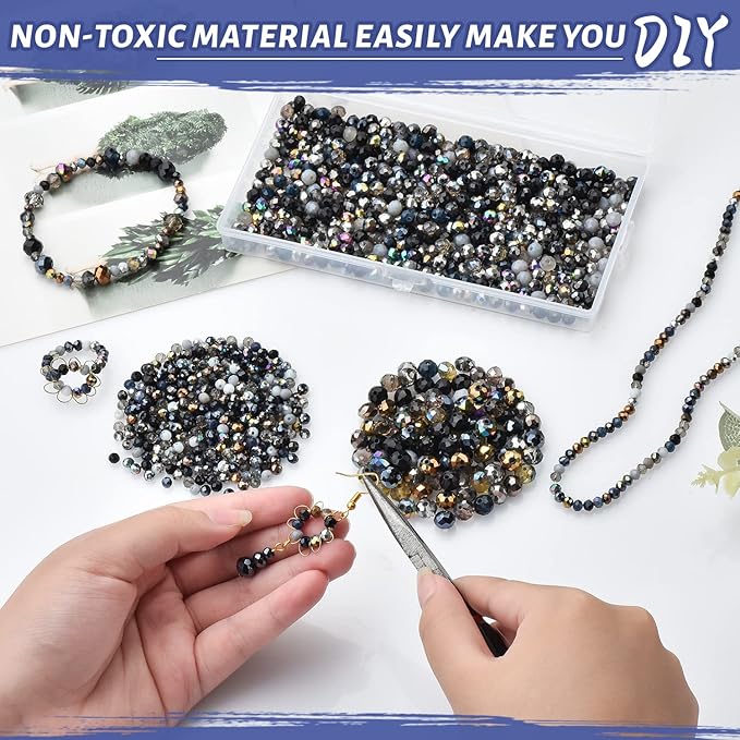1000pcs Faceted Rondelle Beads,4/6/8mm Crystal Glass Beads for Jewelry Making Assorted 3 Sizes Spacer Loose Beads with Storage Box(Black Color)