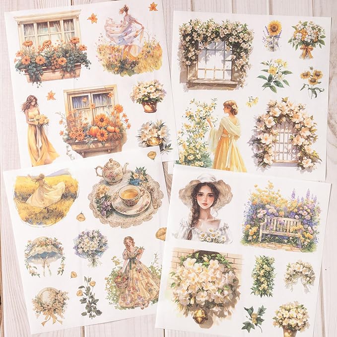 Garden Journal Sticker Book, 50 Sheets Washi Junk Journaling Sticker, Scrapbook Supplies, Watercolor Scrapbooking for Adults, Yellow Decorative Ephemera Arts Craft