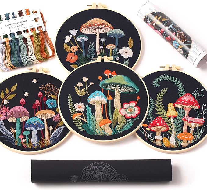 reewisly 4pcs of embroidery starter kit with patterns and instructions, diy adult beginner cross stitch kits, including 2 plastic embroidery rings, 1 pair of scissors, colored threads and needles