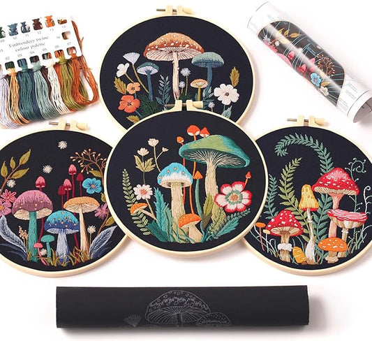 reewisly 4pcs of embroidery starter kit with patterns and instructions, diy adult beginner cross stitch kits, including 2 plastic embroidery rings, 1 pair of scissors, colored threads and needles