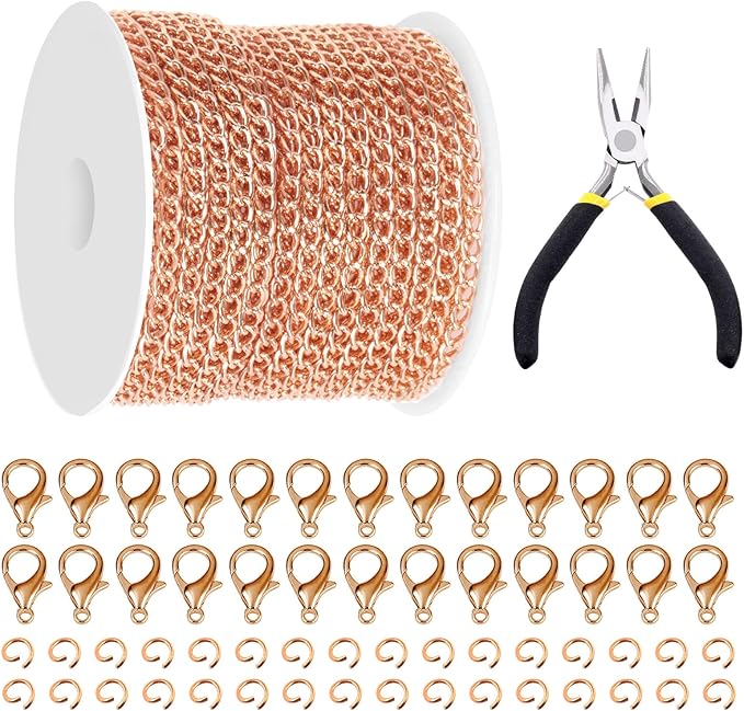 Glarks 102Pcs 30 Feet Jewelry Chains Set Rose Gold Cable Link Chains Link Rolls Bulk Twisted Links Chain Necklace Jewelry Making Chains with Lobster Clasps and Jump Rings for Necklace Jewelry Making