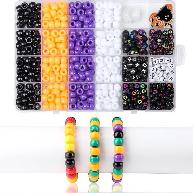 640 Pcs Halloween Bracelet Kit, Halloween Beads for Bracelets Jewelry Making Black Orange Purple White Pony Beads with Moon Charms for DIY Craft Necklace