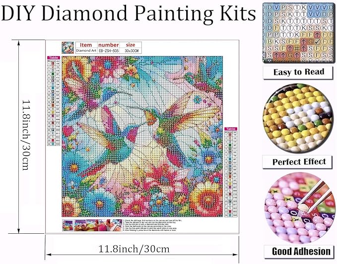 EIBEILI Diamond Painting Kits for Adults, Stained Glass Hummingbird Art for Beginner DIY Round 5D Paint with Diamonds Pictures Gem Full Drill Diamond Dots Crystal for Home Wall Decor Gifts 12x12in