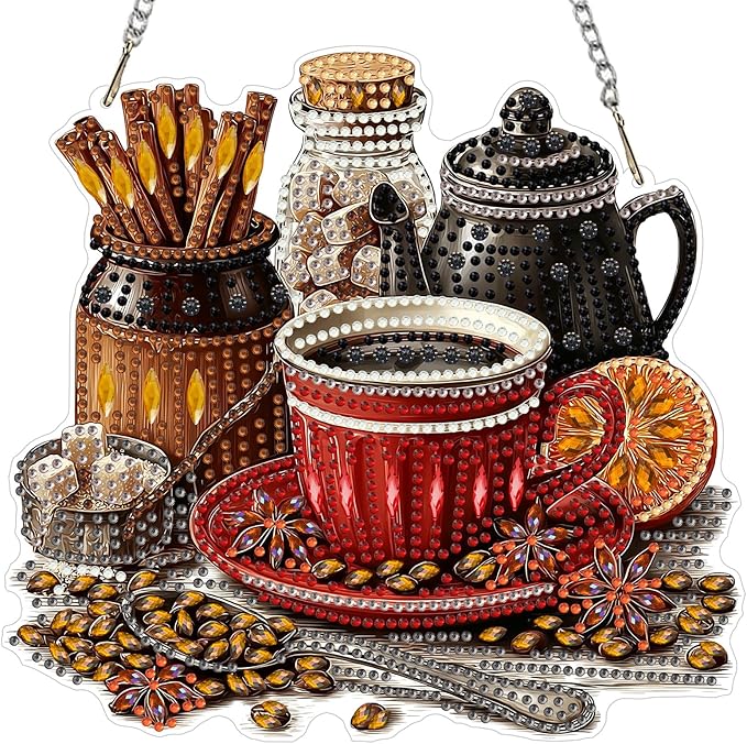 MXJSUA Coffee Diamond Art Window Suncatchers, Diamond Painting Art Kits for Adults Hanging Ornaments with Chain, 5D Special Shape Crystal Diamond Pendant Accessories for Decor Gift 8x8 Inch